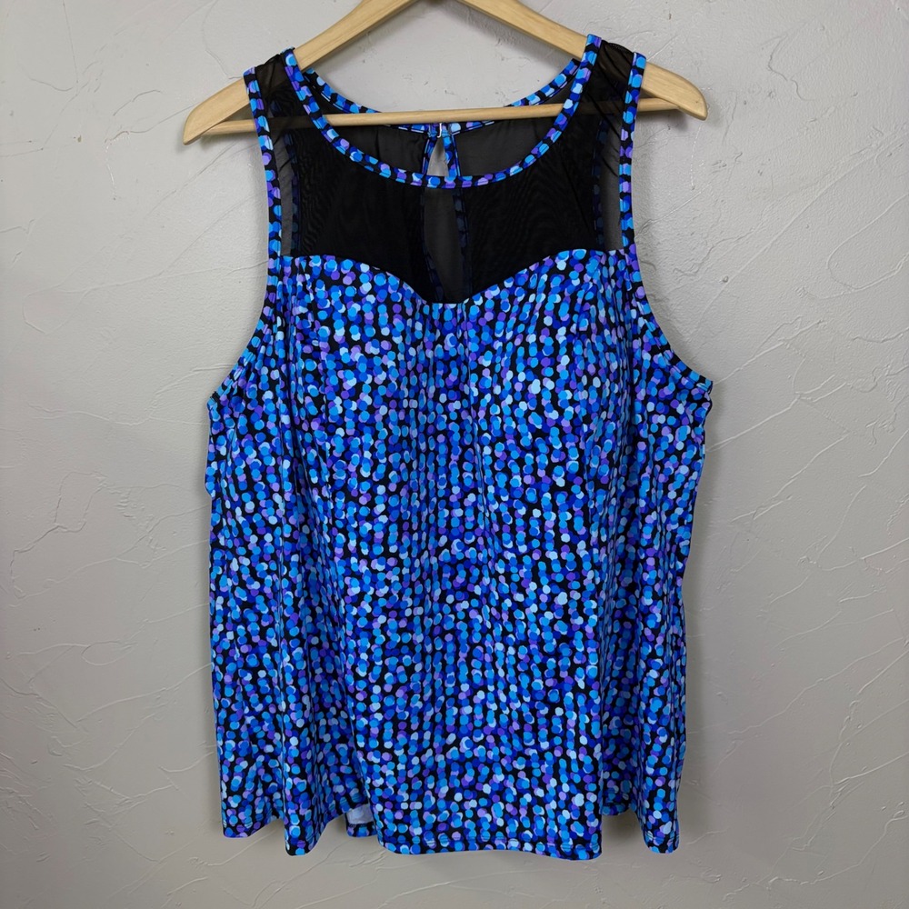 Trimshaper Swim Tankini Top Women 26W Purple Blue Dot Mesh Neck‎ Modest Beach